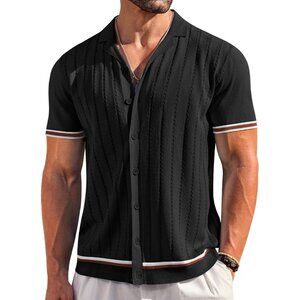 Men's Black Short Sleeve Knit Shirt Casual Button Down Shirt Vintage